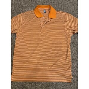 PGA TOUR Polo Shirt Men's L Orange Striped Polyester Short‎ Sleeve Slit Collared
